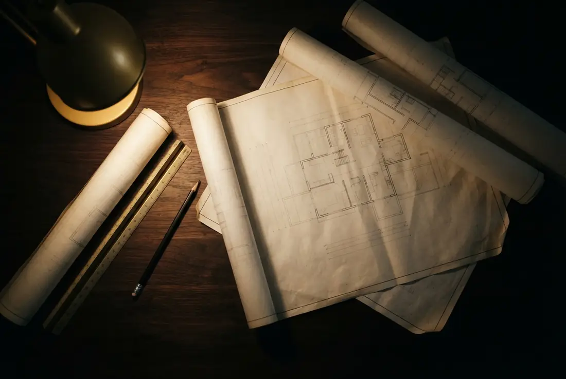 Architectural drawings and a scale rule on a desk under a lamp