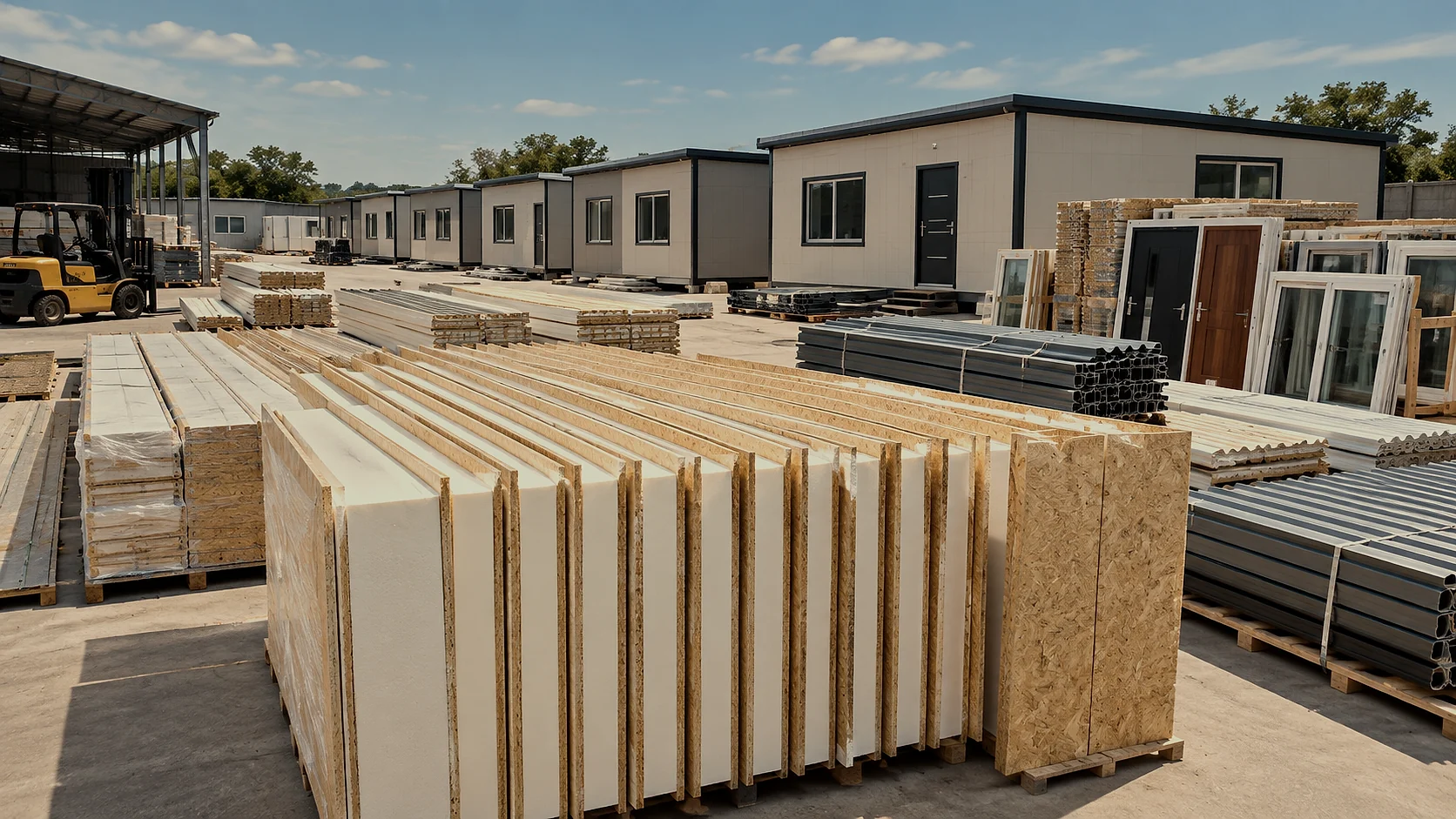Insulated wall panels, window frames and steel profiles stacked in a factory yard beside finished modular units