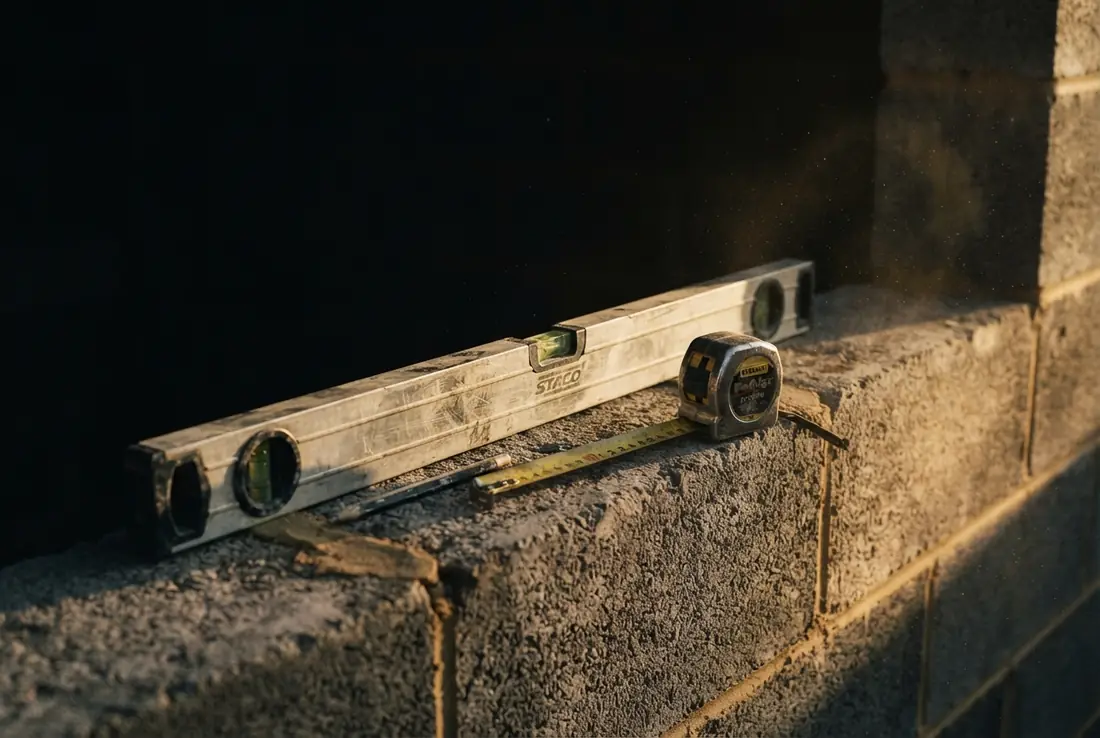 A spirit level and tape measure resting on a blockwork wall on site