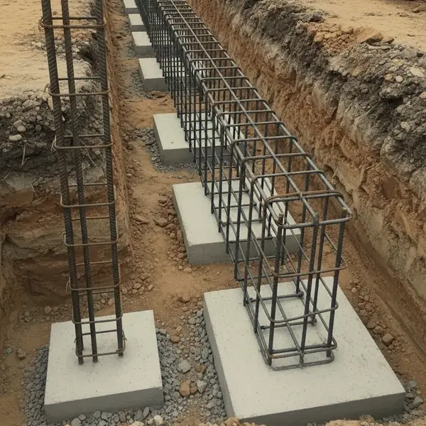 Steel reinforcement cages set on concrete pad footings in an excavated trench