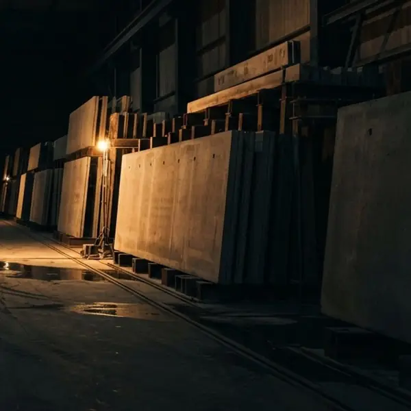 Precast concrete wall panels stacked in a production hall