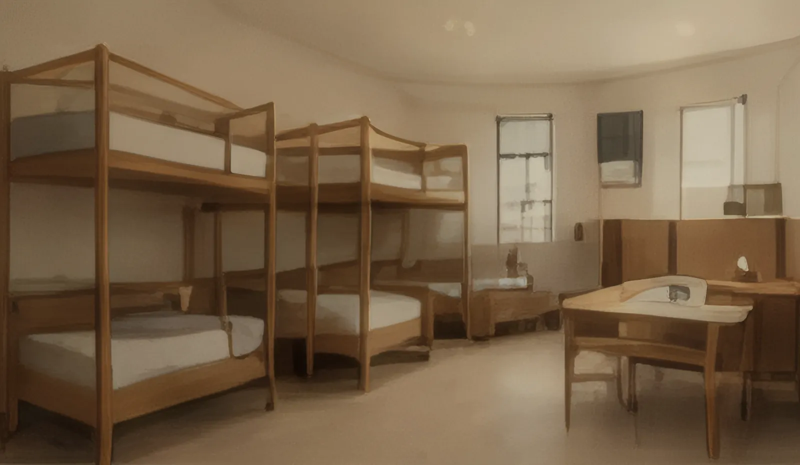 Four-person room with two bunk beds, desks and wardrobes
