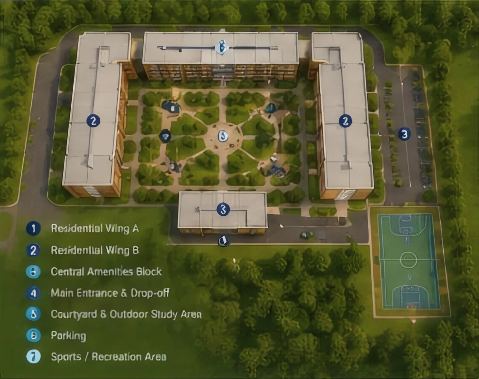 Site plan: two residential wings around a landscaped courtyard, a central amenities block, parking and a sports court