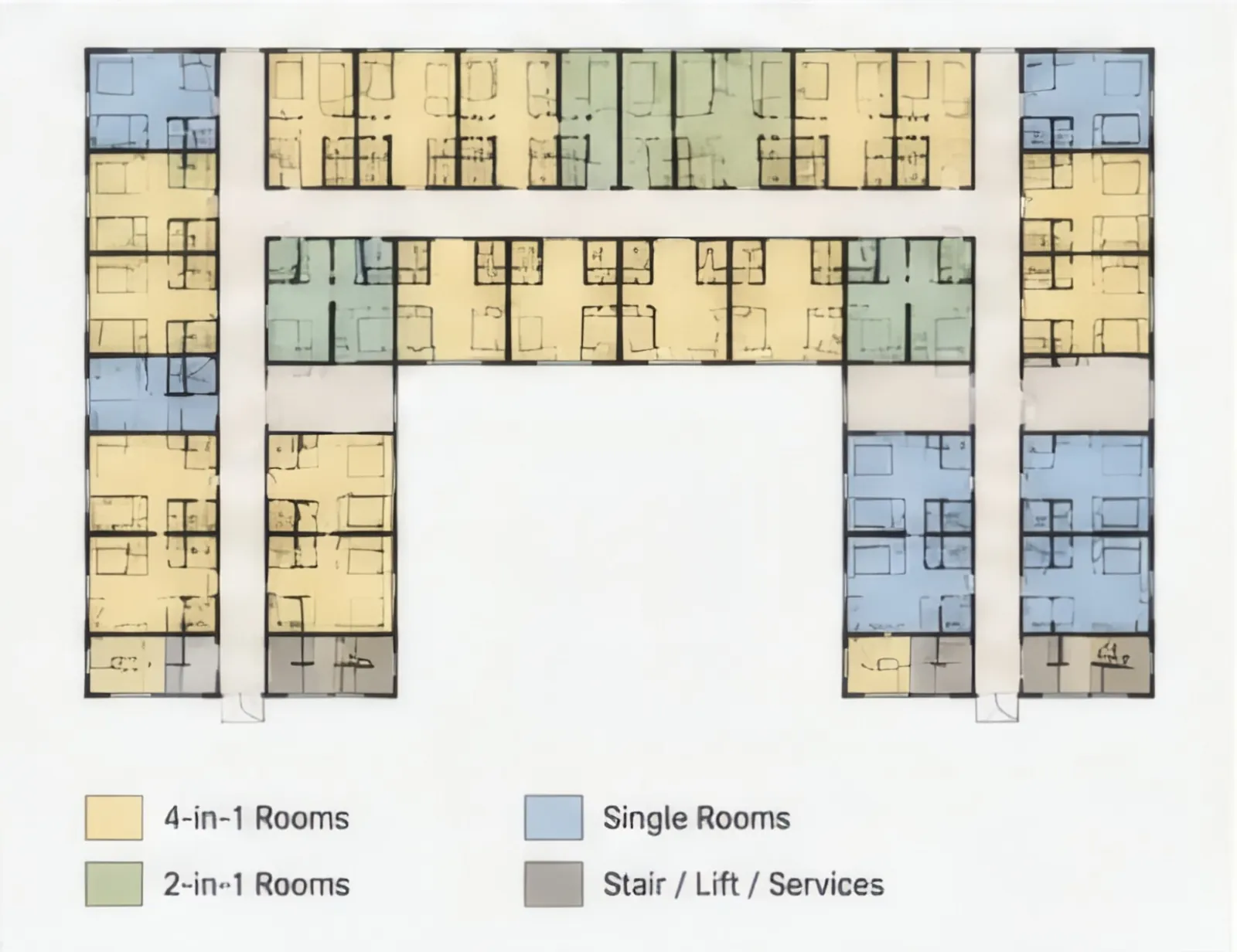 Typical upper floor plan showing the mix of 4-in-1, 2-in-1 and single rooms