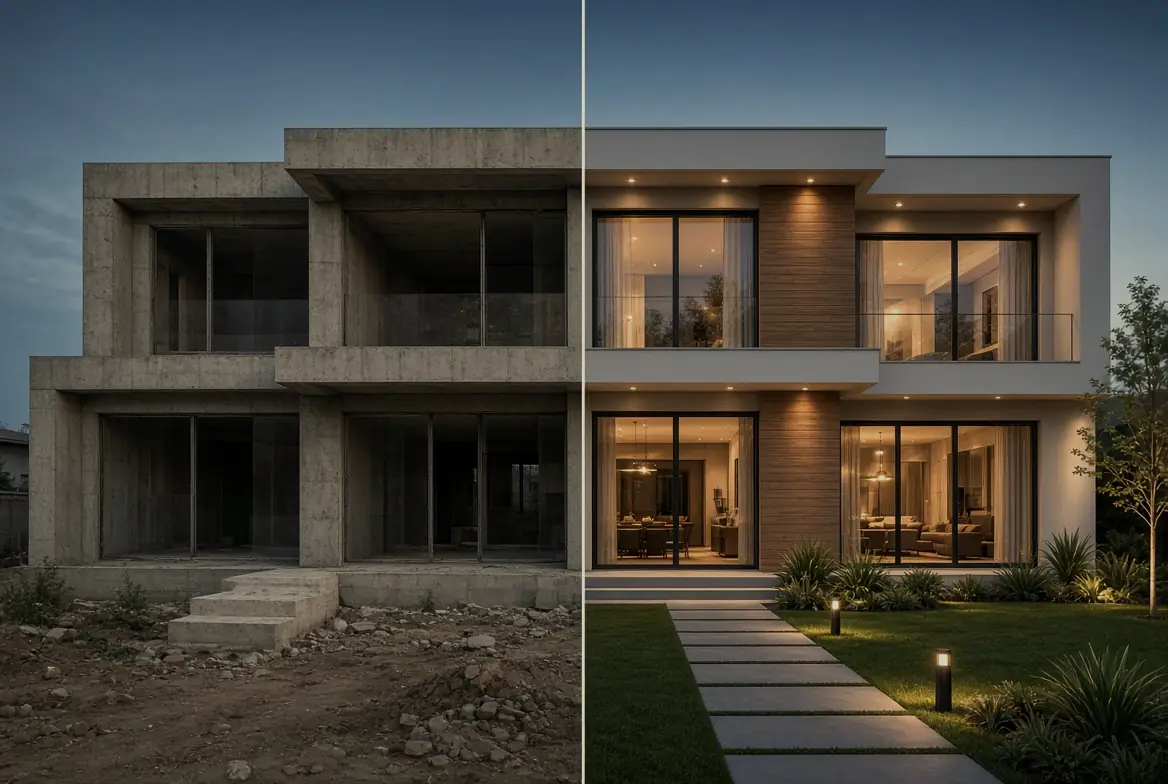 A house shown split down the middle: bare concrete structure on bare ground to the left, the same house finished, lit and landscaped to the right